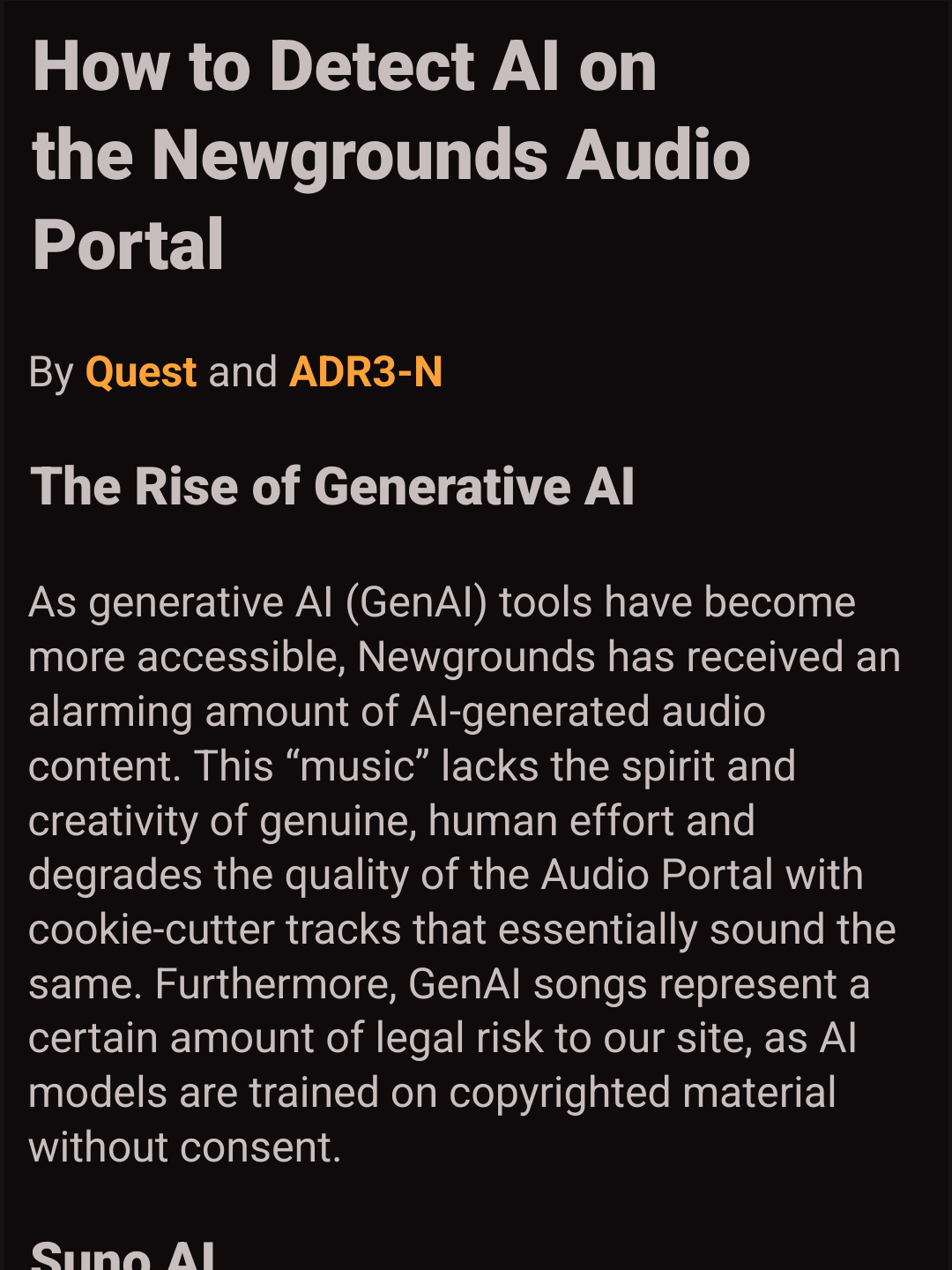 link: newgrounds–how to detect generated AI in the newgrounds audio portal